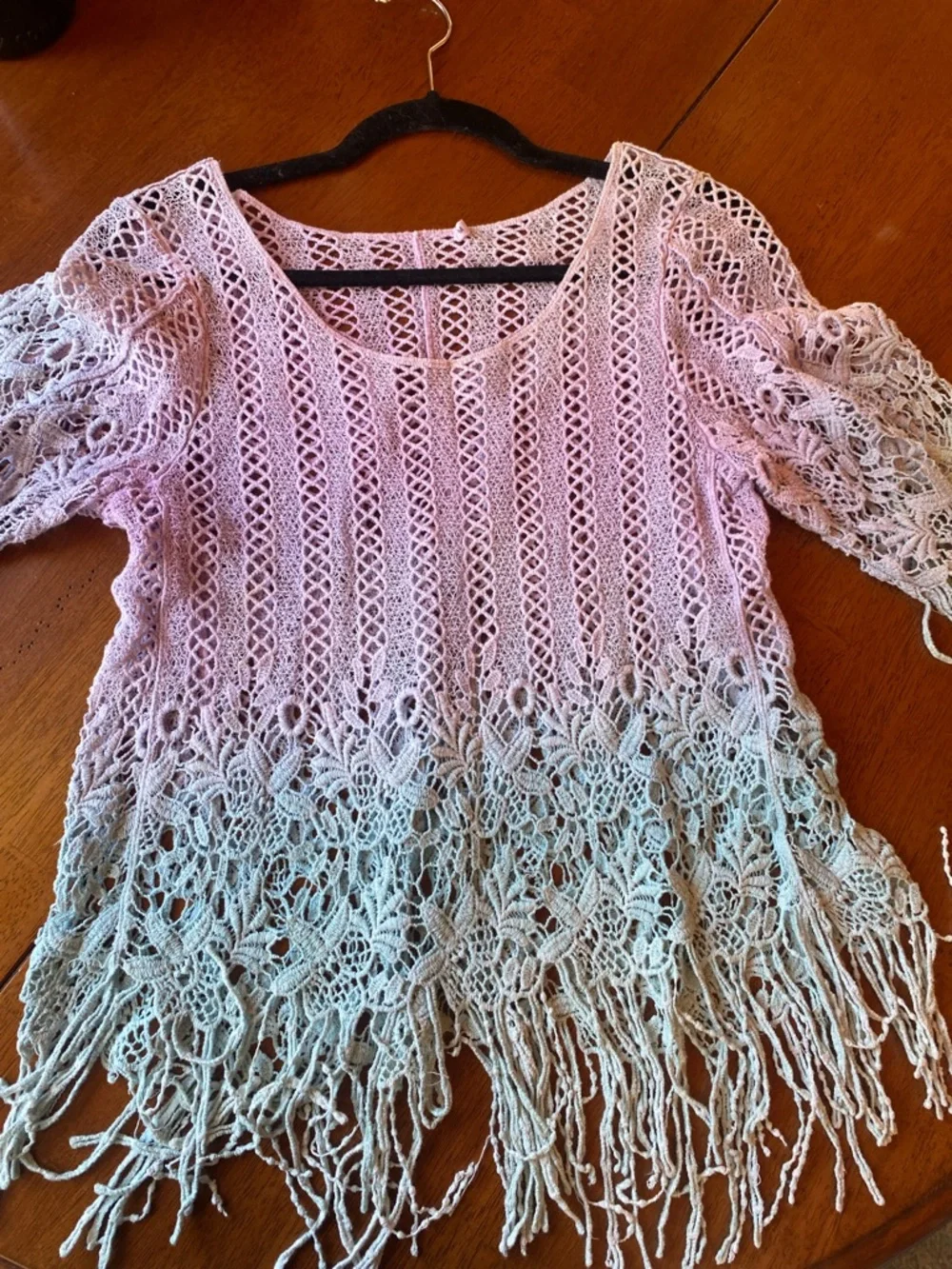 Hand Crafted Lavender to Mint Ombre Lace Fringe Scoop Neck Sweater - Picture 4 of 4
